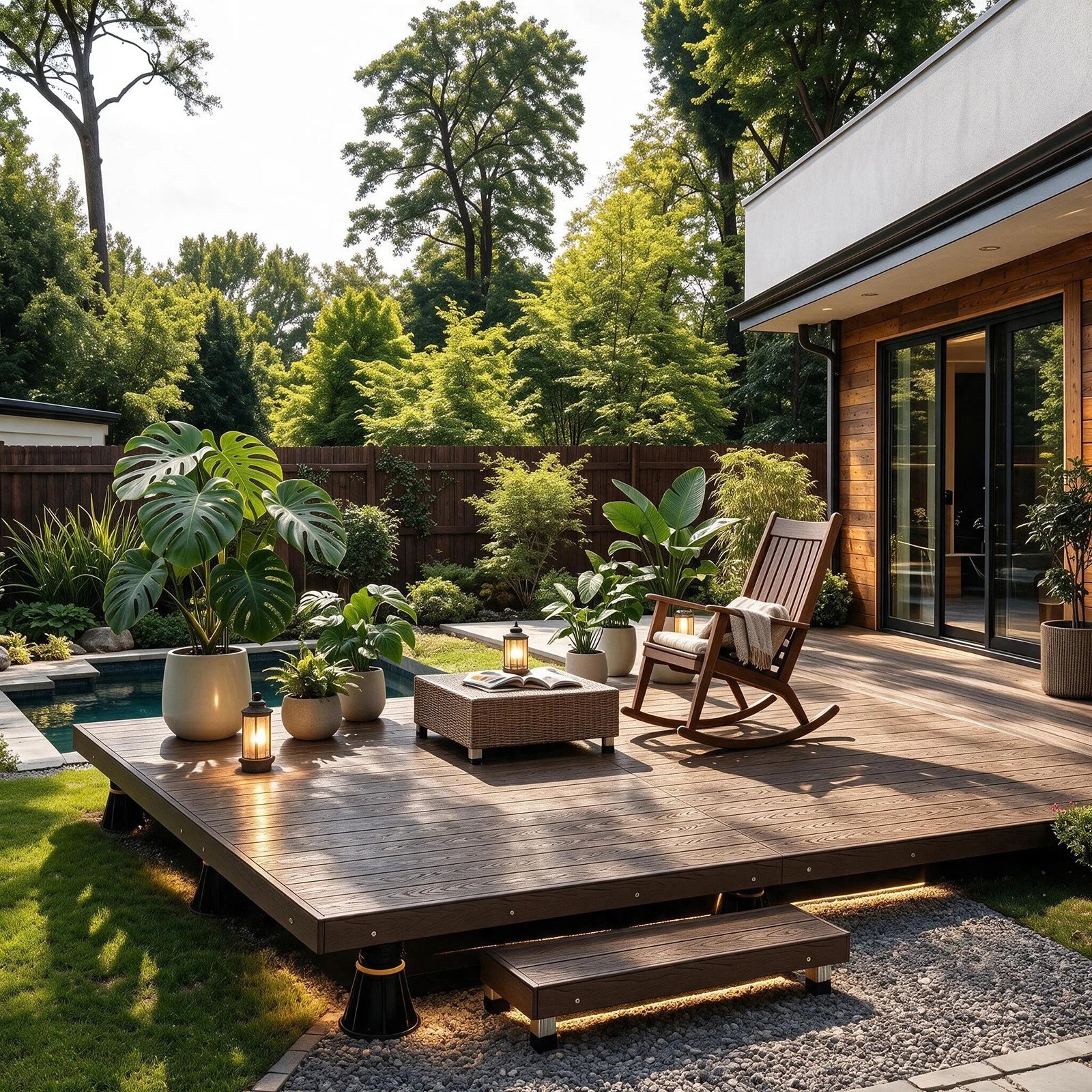 Modular backyard deck without railing, styled with a rocking chair, plants, step, and outdoor lighting.