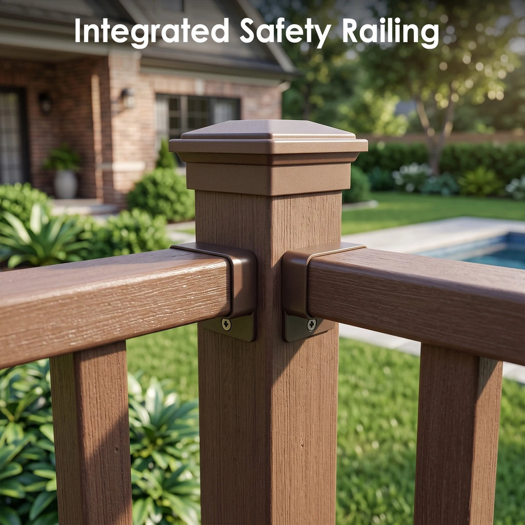 Close-up of the integrated safety railing connection on the modular deck system.