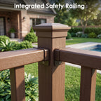 Close-up of the integrated safety railing connection on the modular deck system.