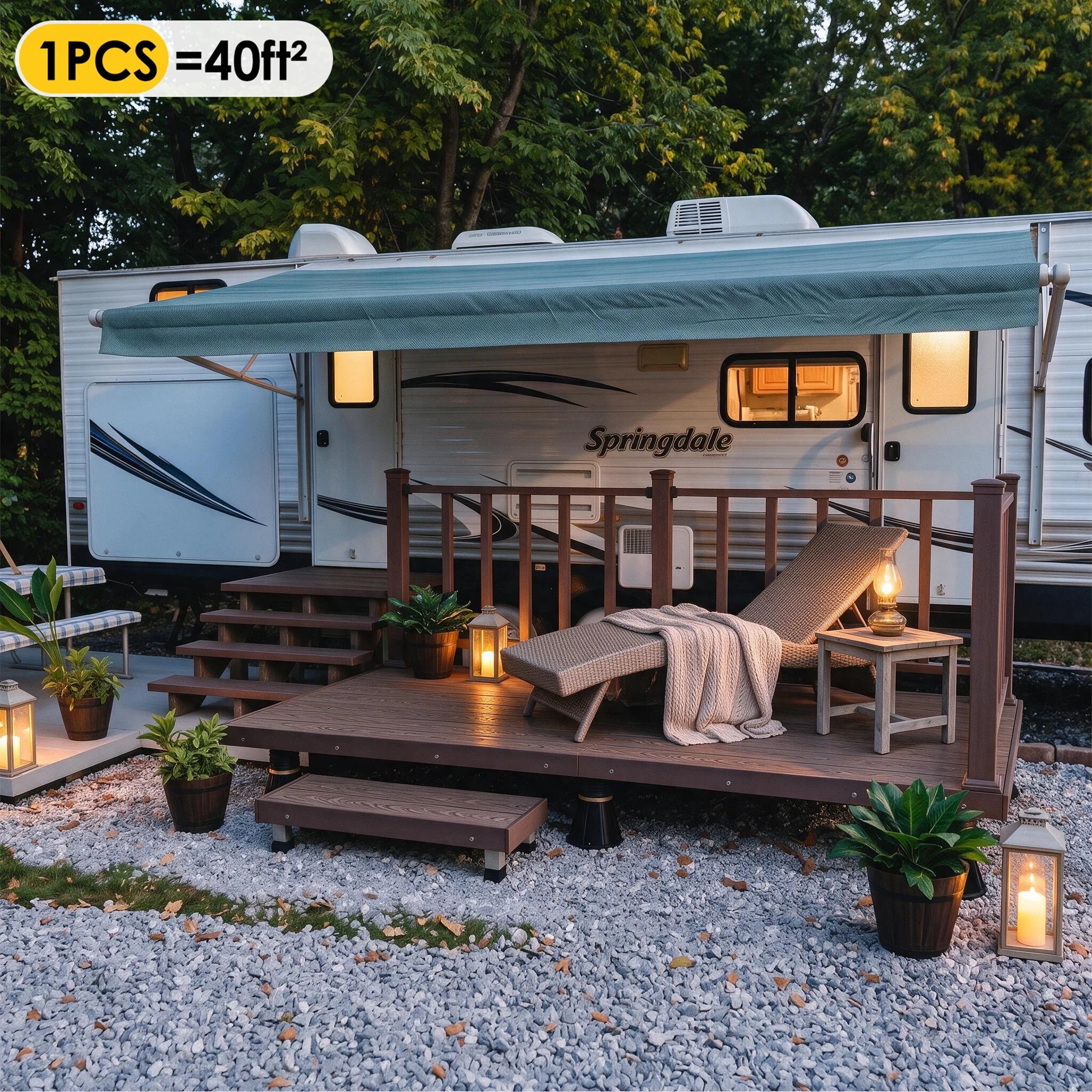 Small 40 sq. ft. modular deck with railing and step installed beside an RV.