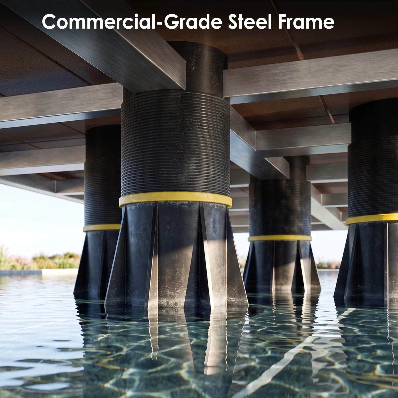 Commercial-grade steel deck frame supported by multiple adjustable pedestal bases.