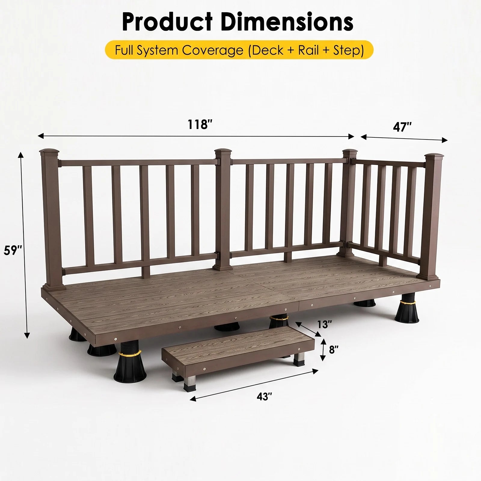 Product dimensions diagram for the modular deck system with railing and step.