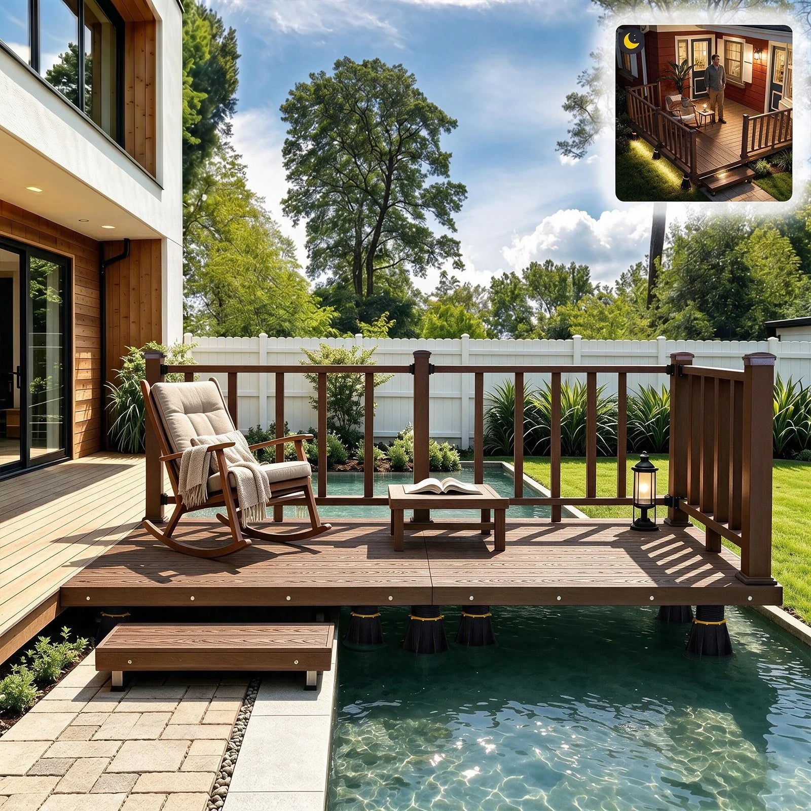 Modular backyard deck with railing, step, and lighting installed beside a pool.